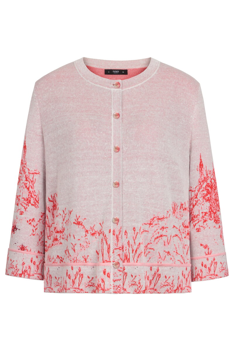Jacquard Cardigan, Garden Nostalgic Pattern - Coral - Cardigans