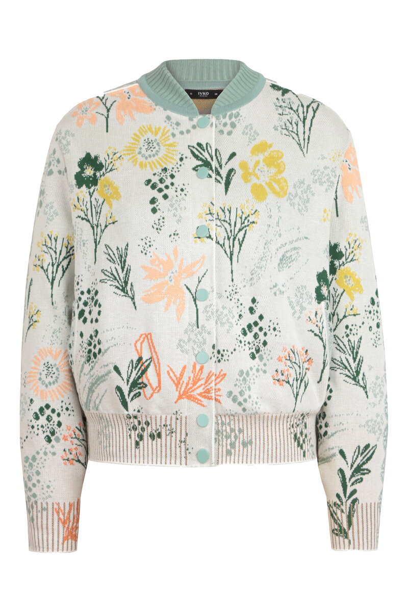 Jacquard Bomber Jacket, Floral Pattern - White - Knitted Jackets