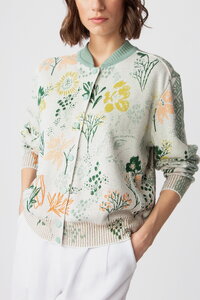 Jacquard Bomber Jacket, Floral Pattern - White - Knitted Jackets
