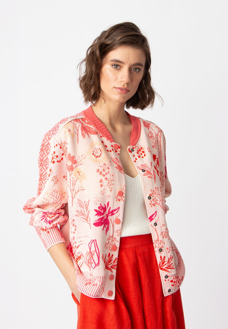 Jacquard Bomber Jacket, Floral Pattern - LightPink - Knitted
