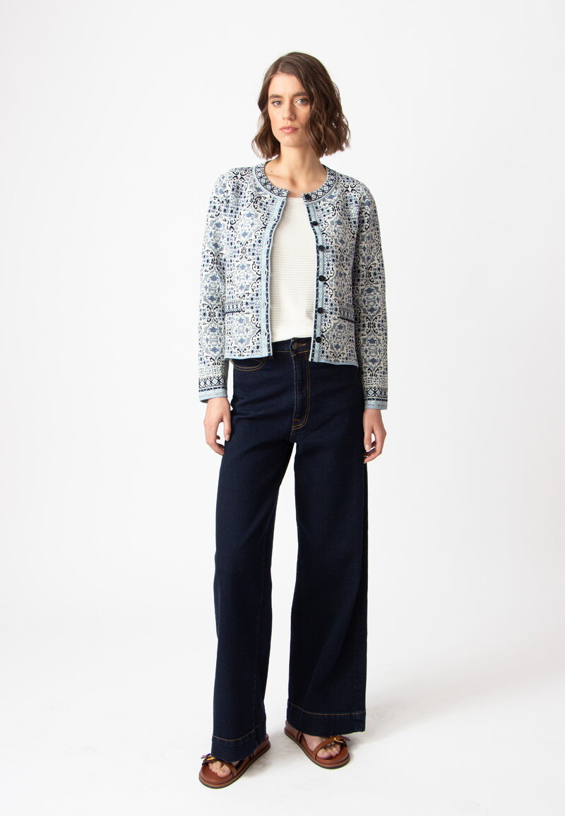 Jacket O-Neck, Morocco Pattern - ChinaBlue - Knitted Jackets