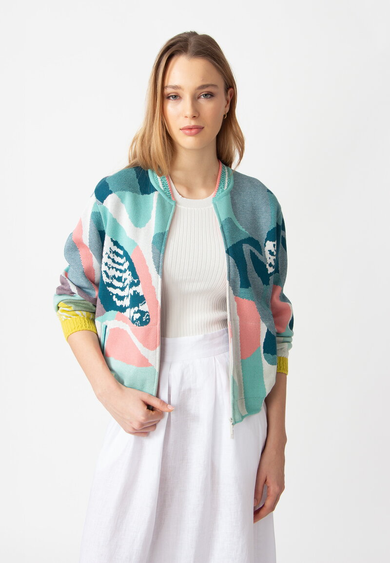 Bomber Jacket, Maximalists Tropics Pattern - Aqua - Knitted