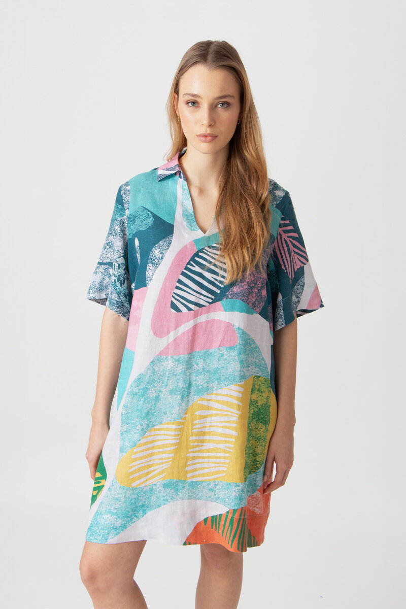 Bedrucktes Leinenkleid, Maximalist Tropics Motiv