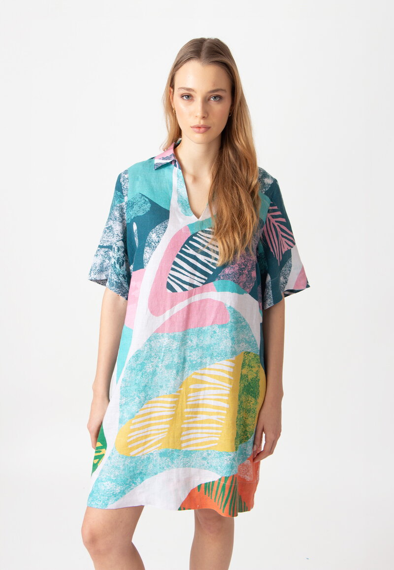Printed Linen Dress, Maximalist Tropics Pattern - Aqua - Dresses and skirts - Ivko Woman Printed Linen Dress, Maximalist Tropics Pattern - Aqua - Dresses and skirts - Ivko Woman
