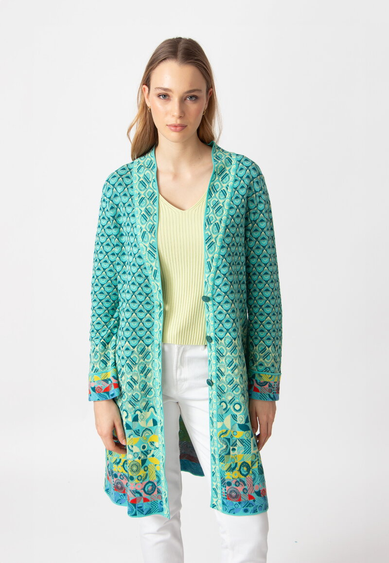 Jacquard Coatigan, Mix&Match Pattern - Aqua - Cardigans - Ivko Woman