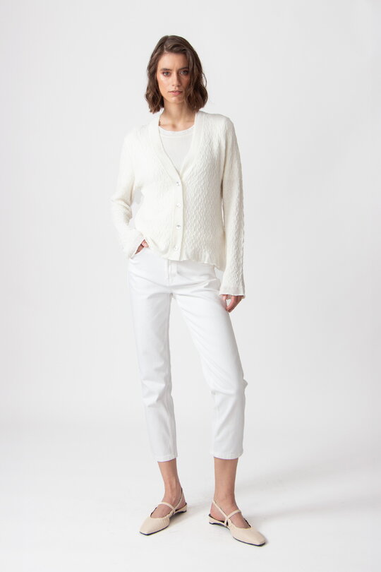 Cardigan V-Neck, Structure Pattern - Off-White - Cardigans