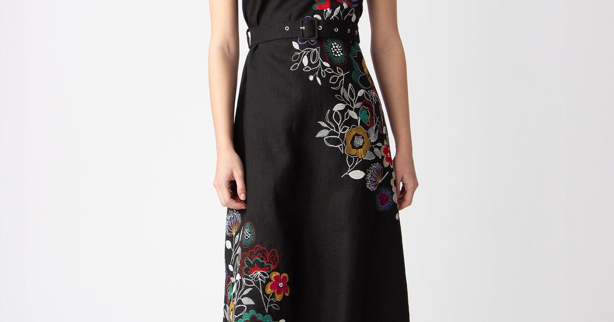 Linen dress with Floral Embroidery - Black - Dresses and skirts - Ivko Woman