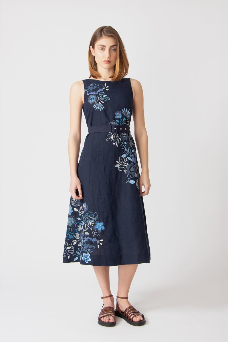 Linen dress with Floral Embroidery