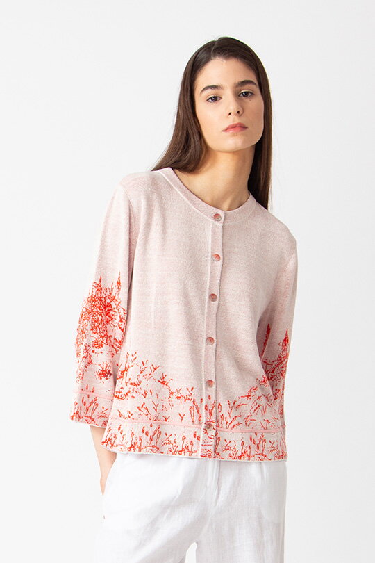 Jacquard Cardigan, Garden Nostalgic Pattern - Coral - Cardigans