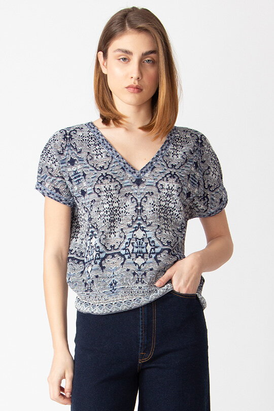 V-Neck Pullover, Morocco Pattern - ChinaBlue - Pullovers - Ivko Woman