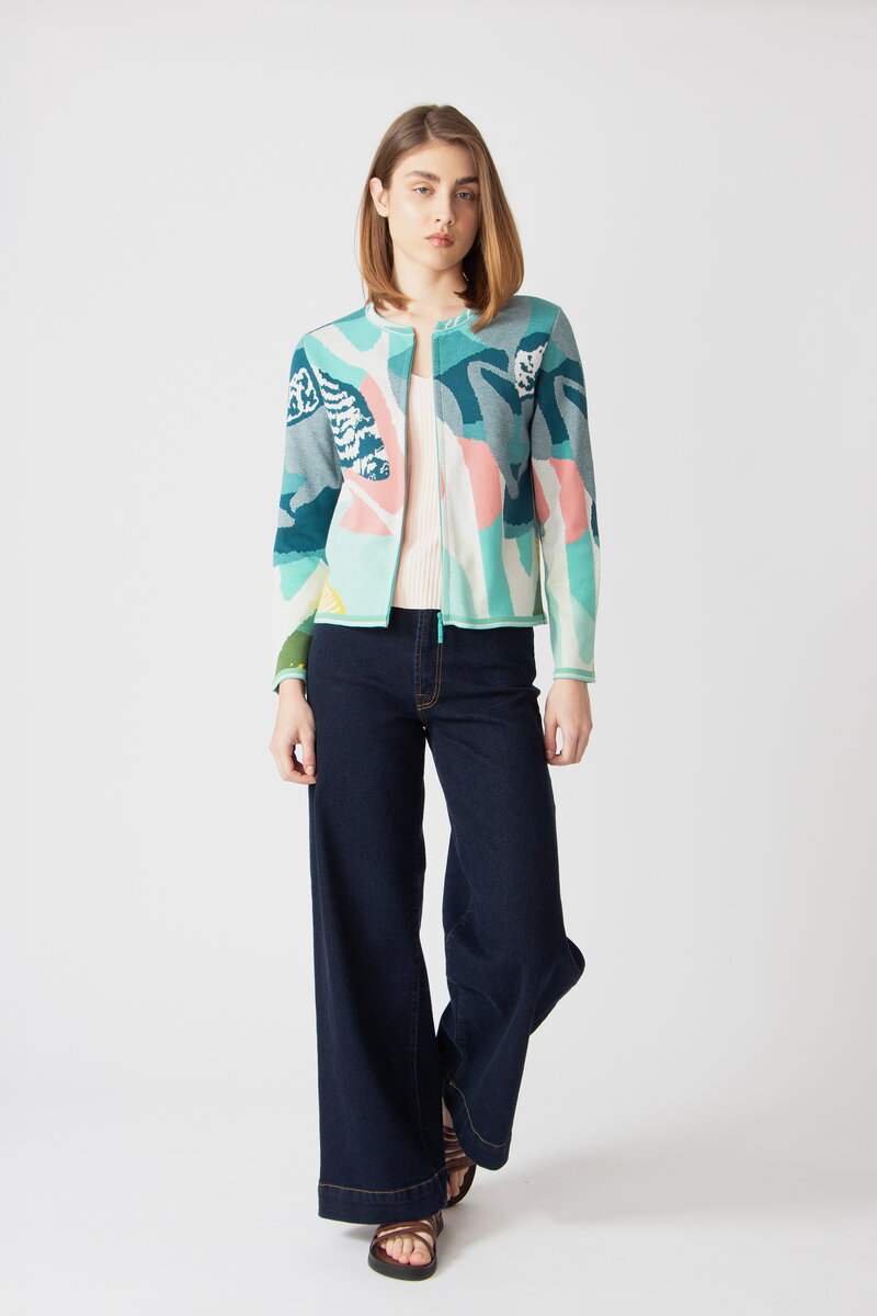 Strickjacke mit O-Ausschnitt, Maximalist Tropics Motiv