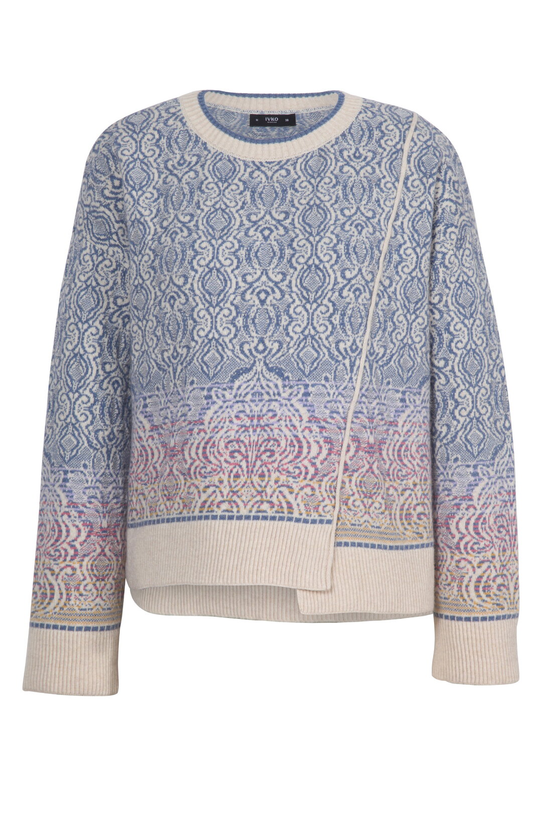Asymmetrischer Pullover mit U-Boot-Ausschnitt, Ornament Muster