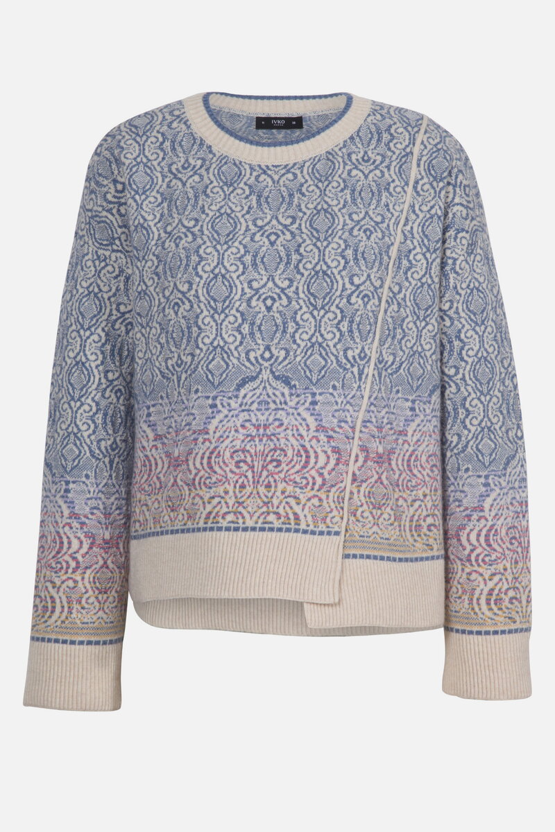 Asymmetrischer Pullover mit U-Boot-Ausschnitt, Ornament Muster