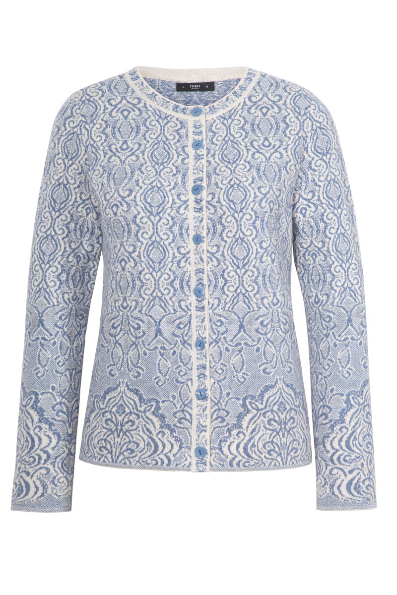 Jacquard-Strickjacke mit O-Ausschnitt, Ornament Muster