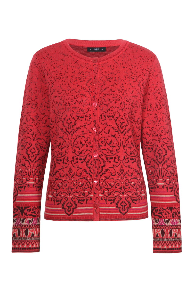 Strickjacke mit O-Ausschnitt, Ornament Muster
