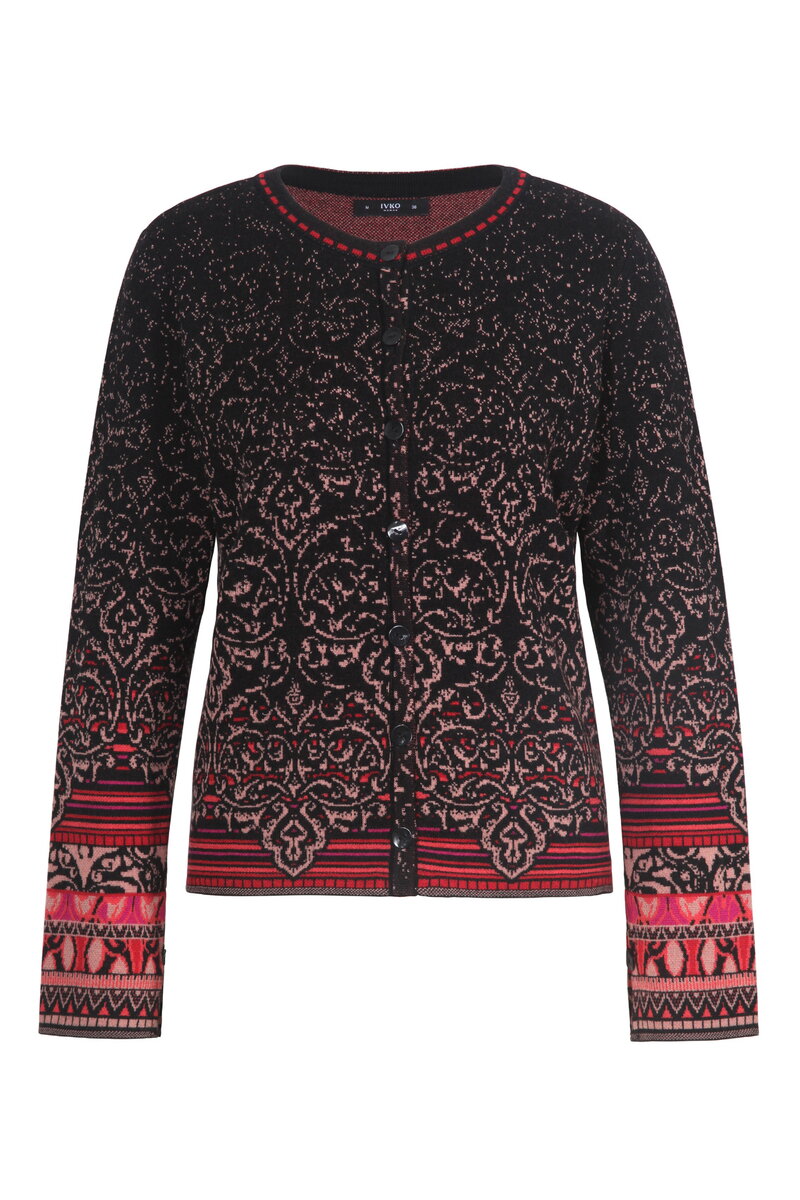 Strickjacke mit O-Ausschnitt, Ornament Muster