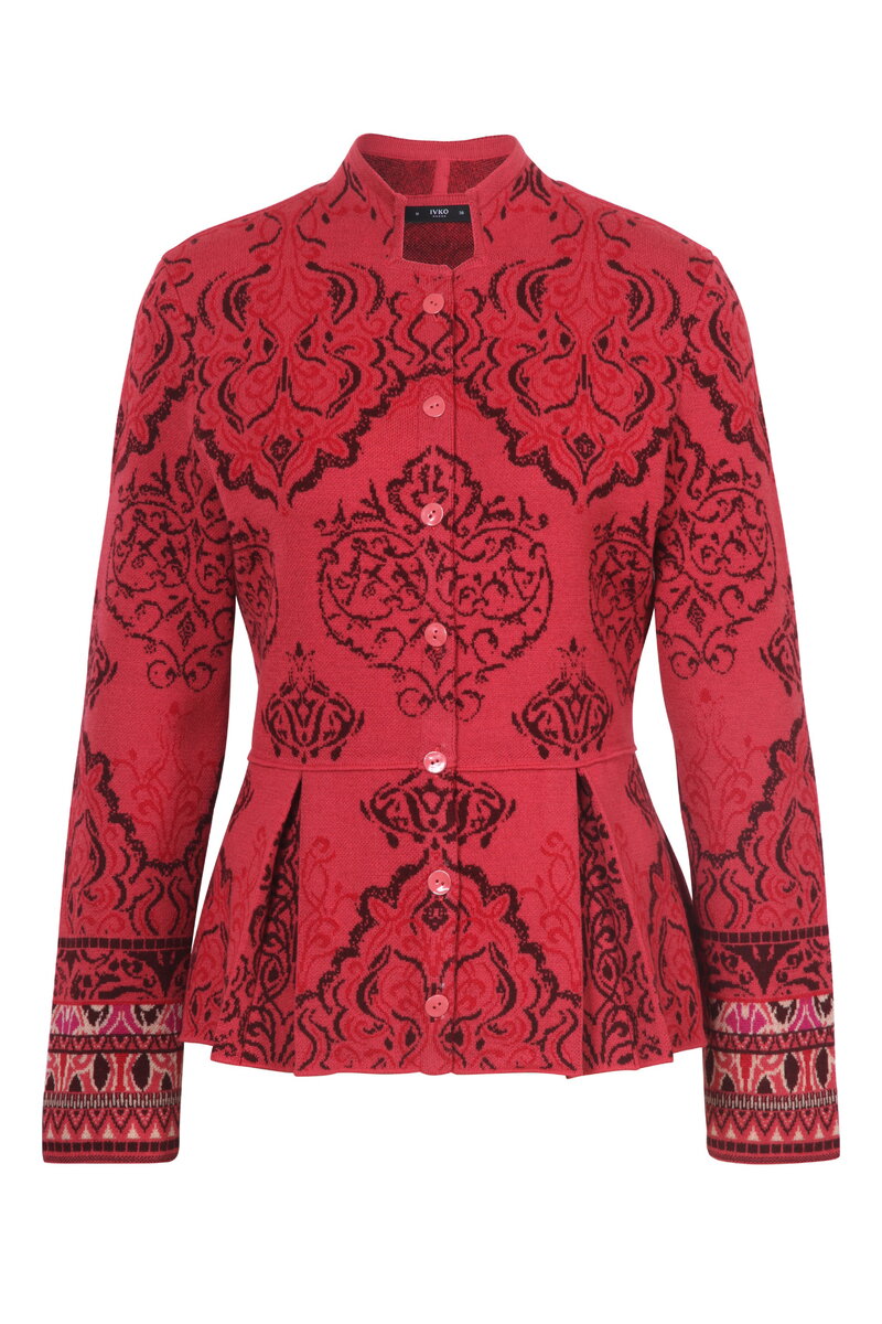 Jacquard Cardigan, Ornament Pattern - Coral - Cardigans - Ivko Woman