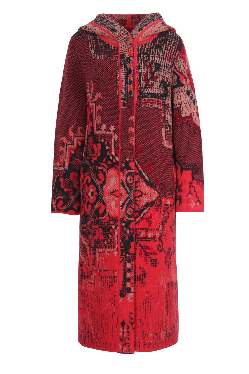 Jacquard Coat with Hoodie, Kilim Pattern - Coral - Outerwear