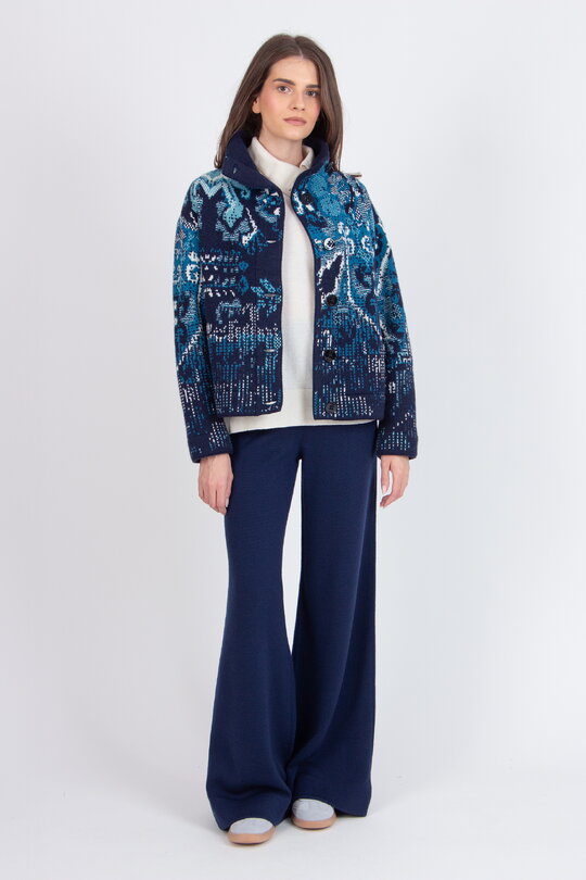 Jacquard Rollneck Jacket, Kilim Pattern - Navy - Outerwear - Ivko
