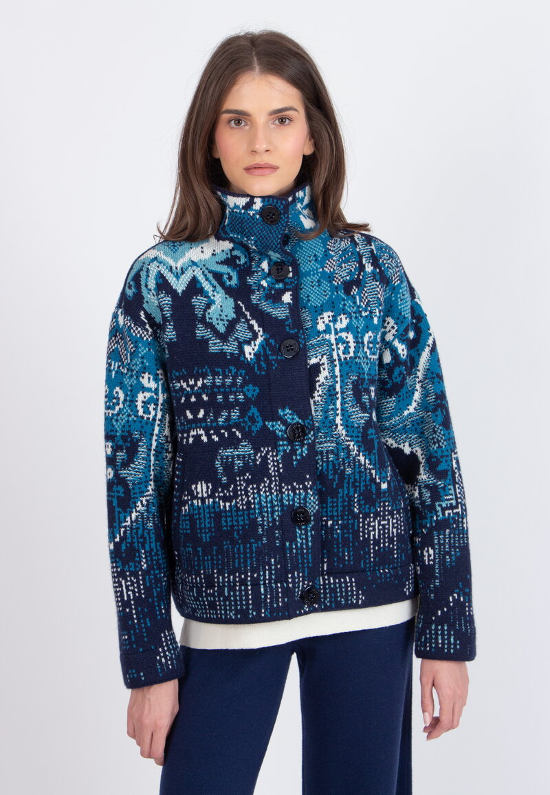 Jacquard Rollneck Jacket, Kilim Pattern - Navy - Outerwear - Ivko