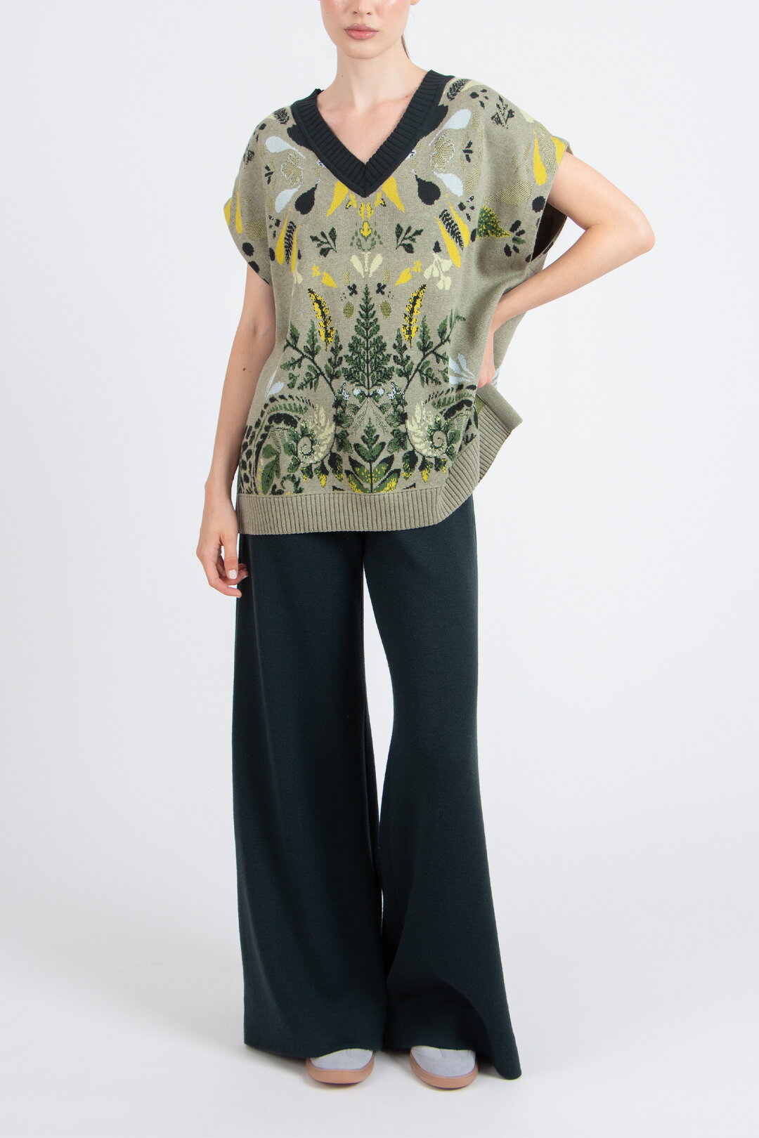 Ärmelloser Pullover mit V-Ausschnitt, Plantopia Muster