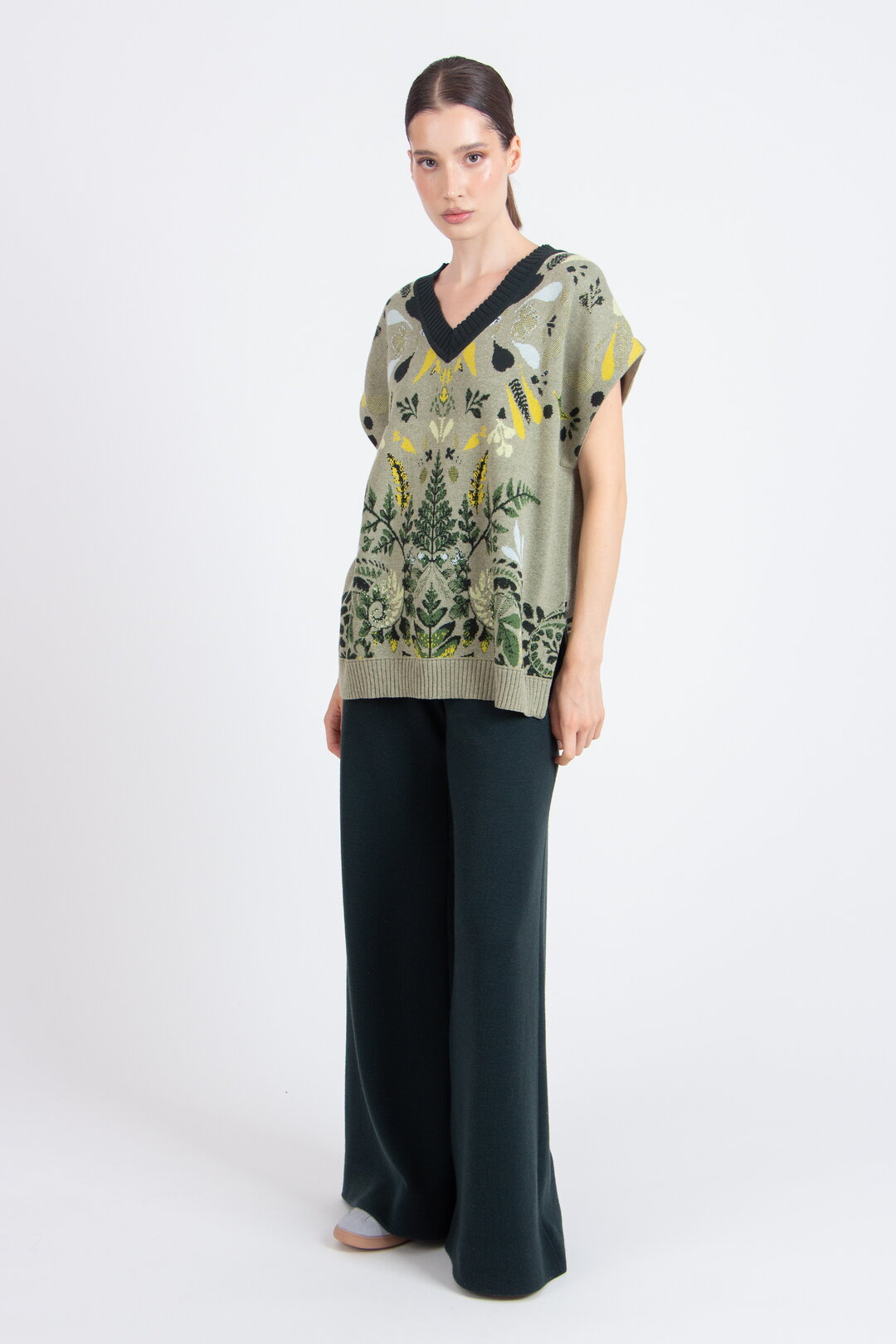 Ärmelloser Pullover mit V-Ausschnitt, Plantopia Muster
