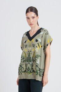 Ärmelloser Pullover mit V-Ausschnitt, Plantopia Muster
