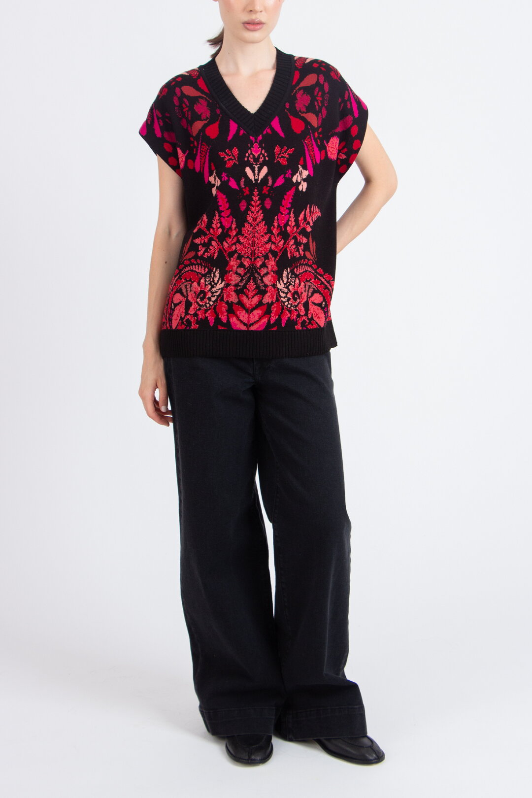 Ärmelloser Pullover mit V-Ausschnitt, Plantopia Muster