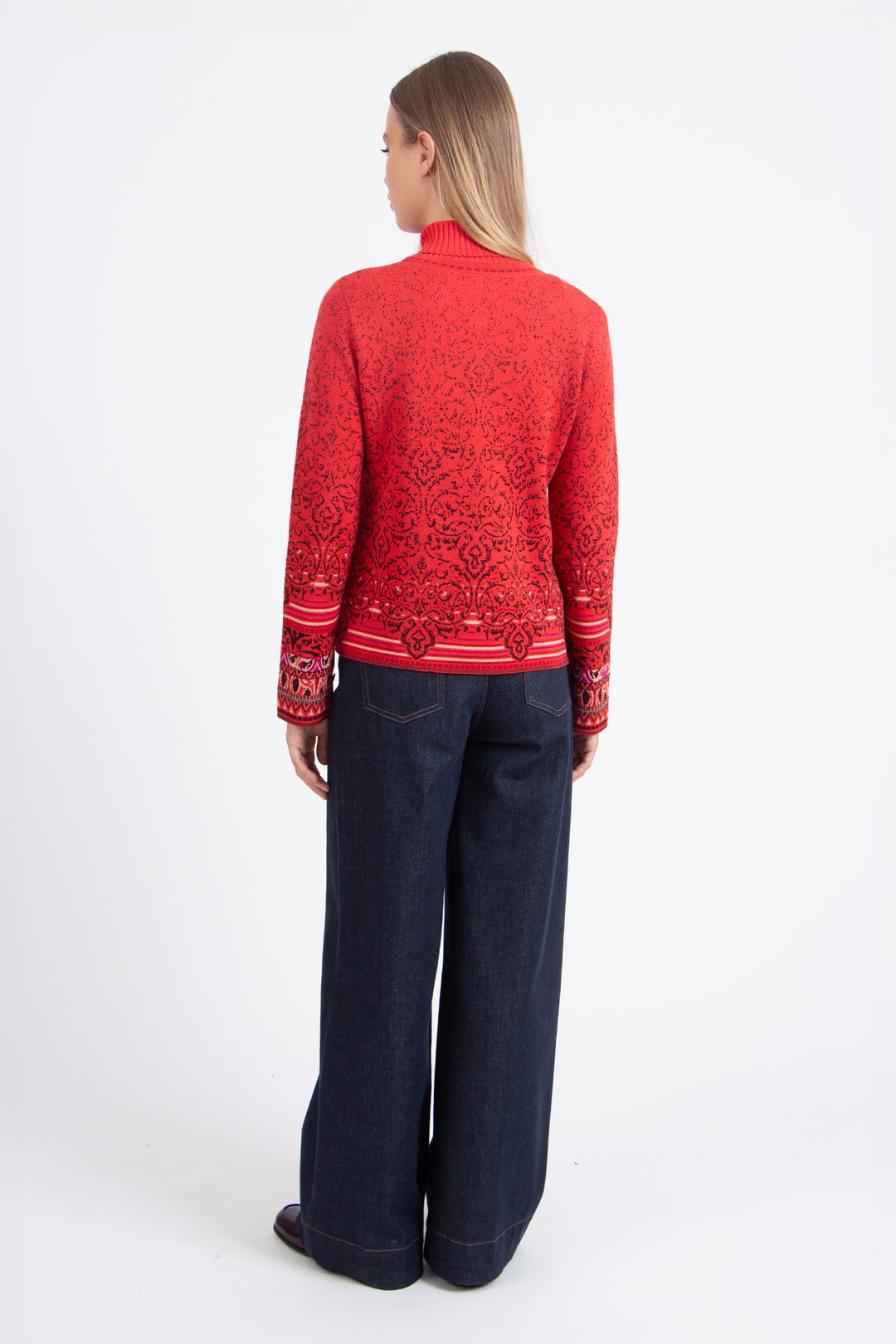 Strickjacke mit O-Ausschnitt, Ornament Muster