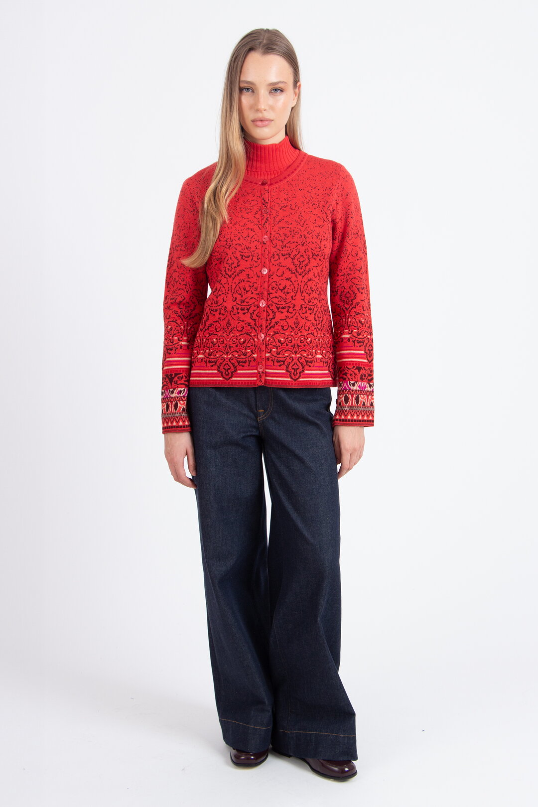 Strickjacke mit O-Ausschnitt, Ornament Muster