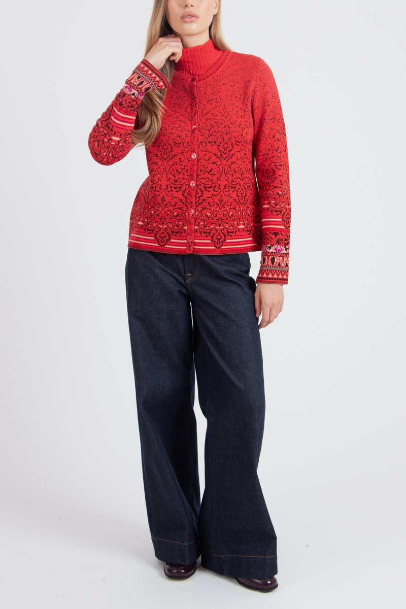 Strickjacke mit O-Ausschnitt, Ornament Muster
