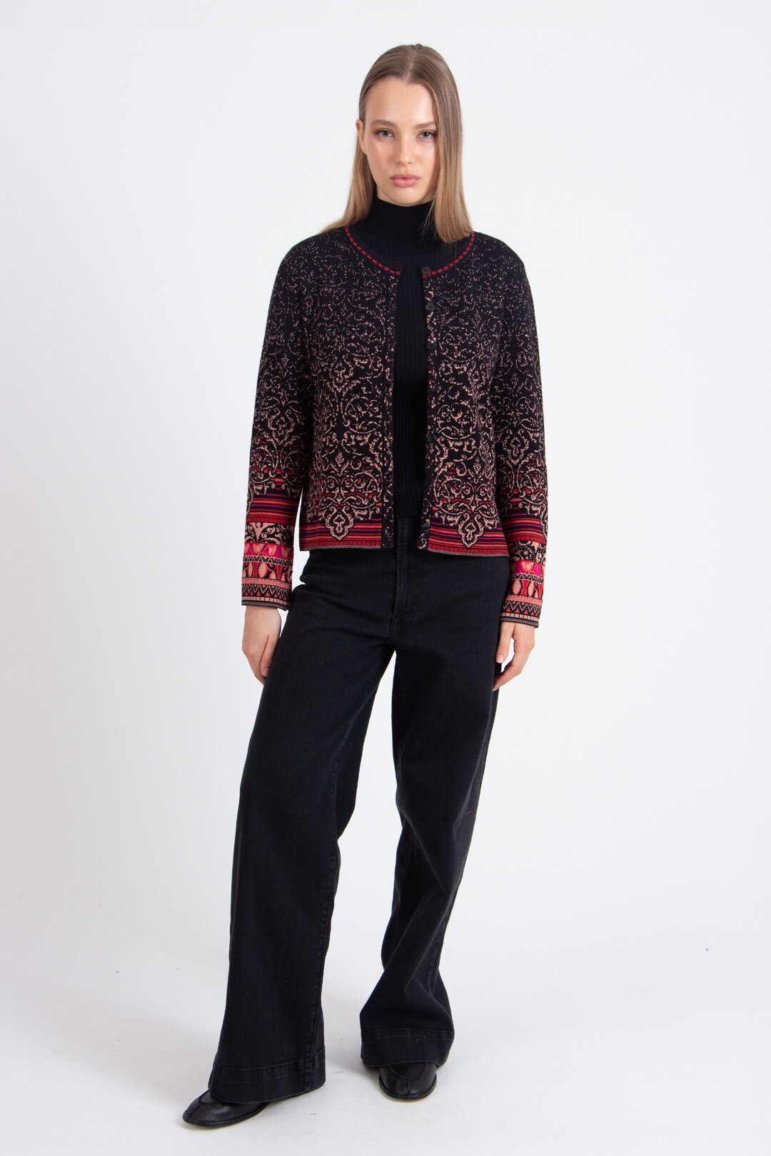 Strickjacke mit O-Ausschnitt, Ornament Muster