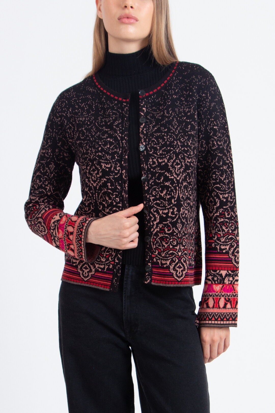 Strickjacke mit O-Ausschnitt, Ornament Muster