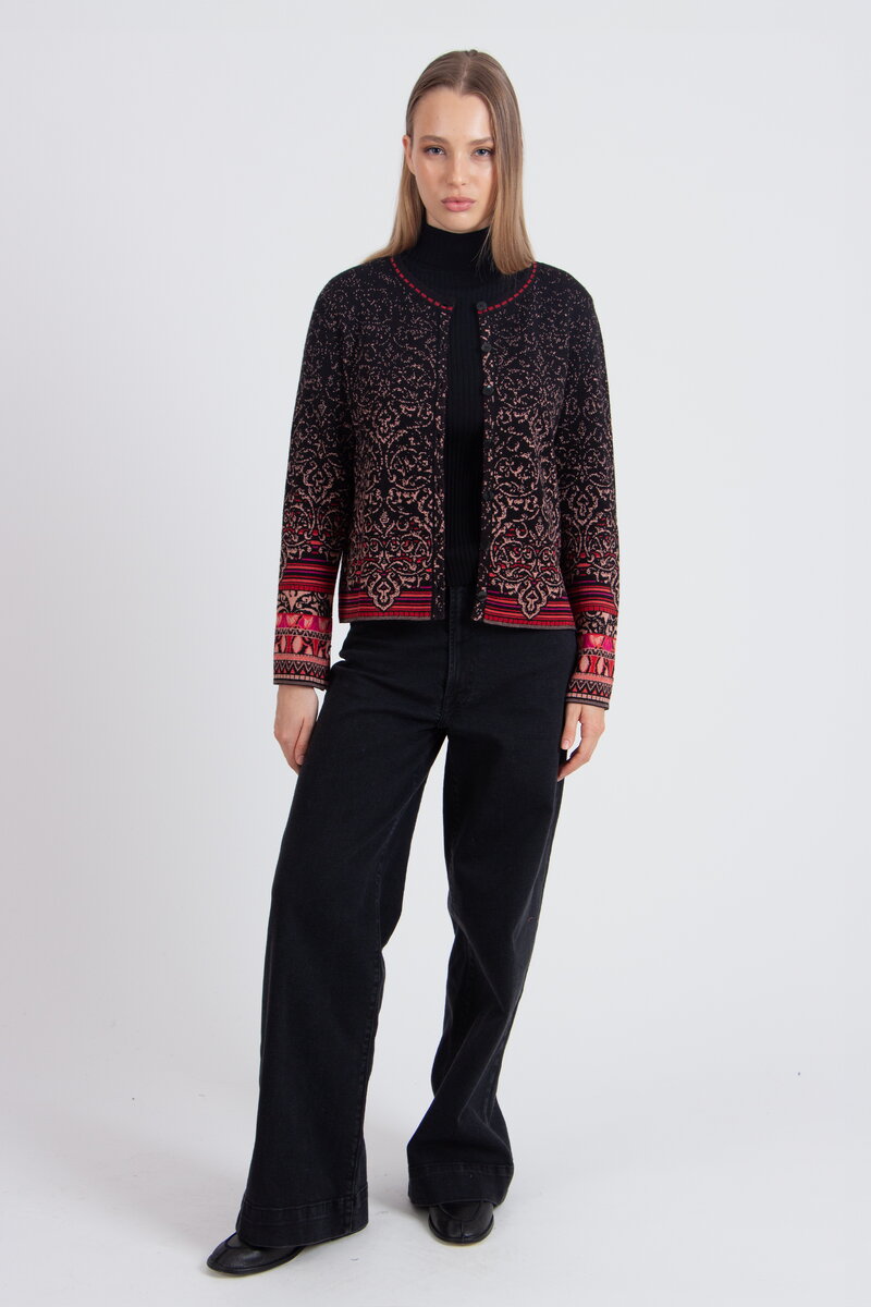 Strickjacke mit O-Ausschnitt, Ornament Muster