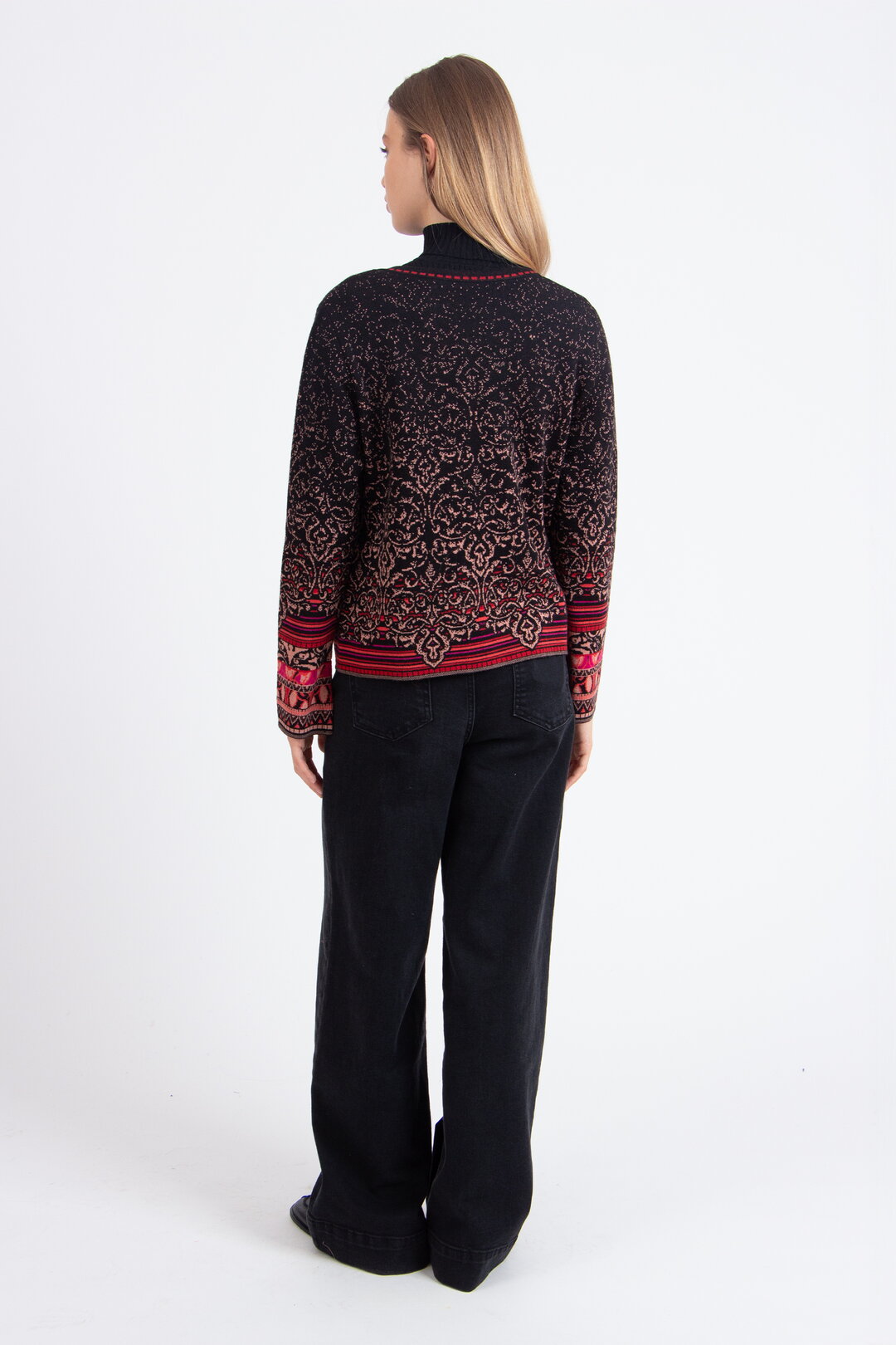 Strickjacke mit O-Ausschnitt, Ornament Muster