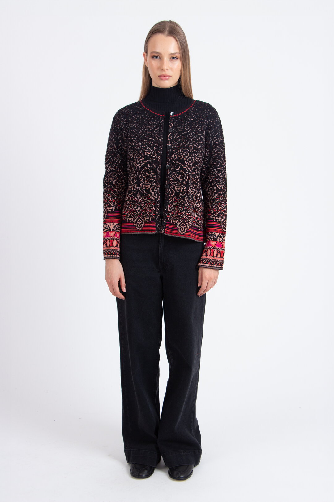 Strickjacke mit O-Ausschnitt, Ornament Muster