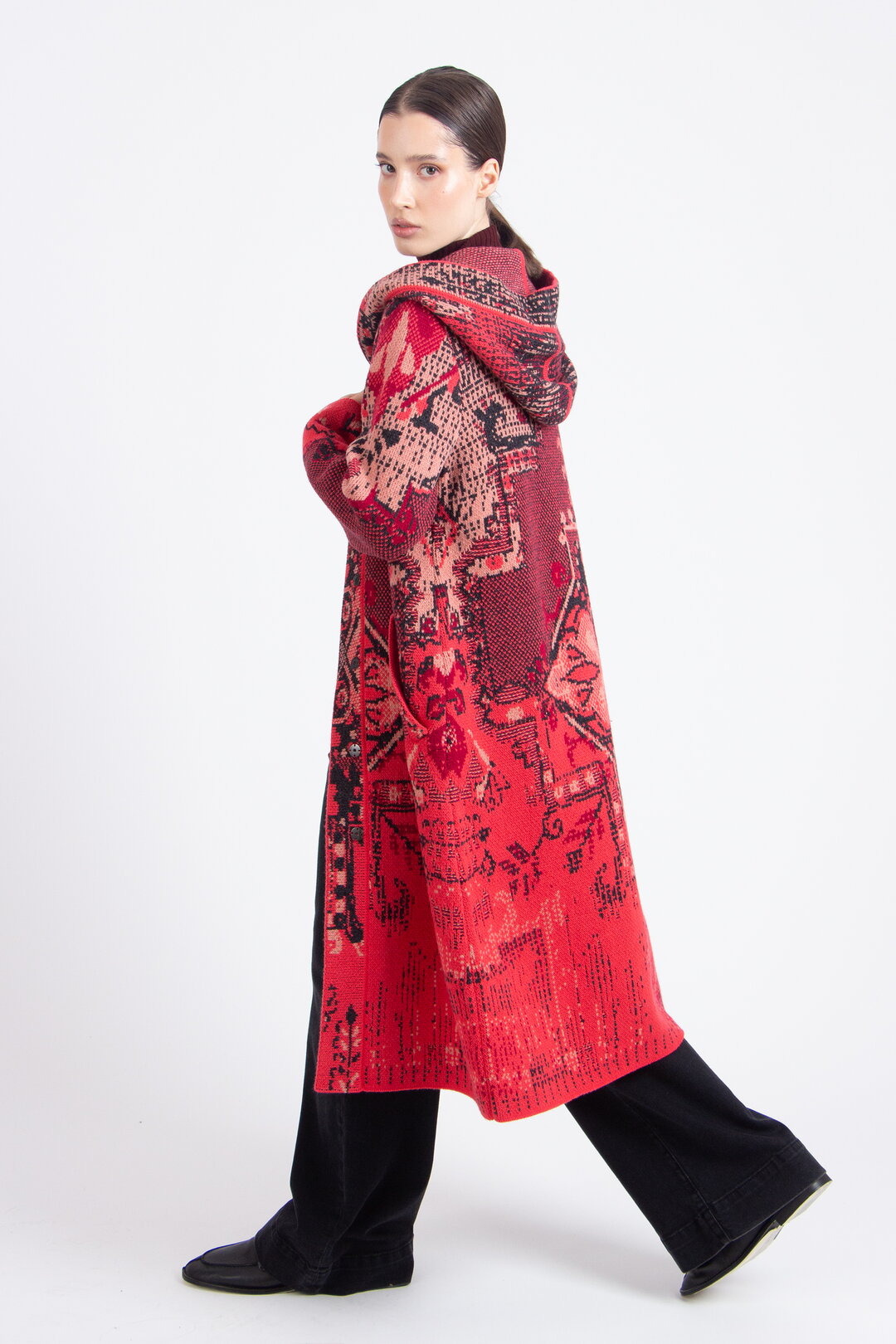 Jacquard-Mantel mit Kapuze, Kelim Muster