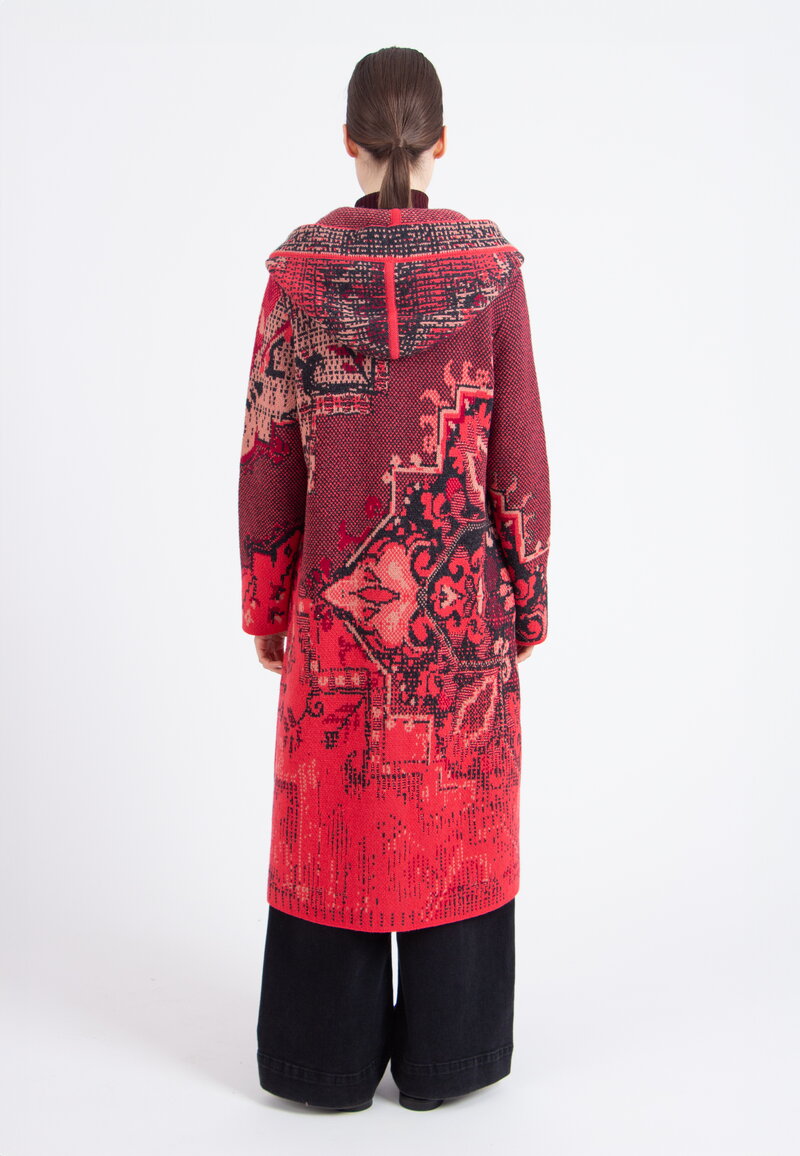 Jacquard Coat with Hoodie, Kilim Pattern - Coral - Outerwear