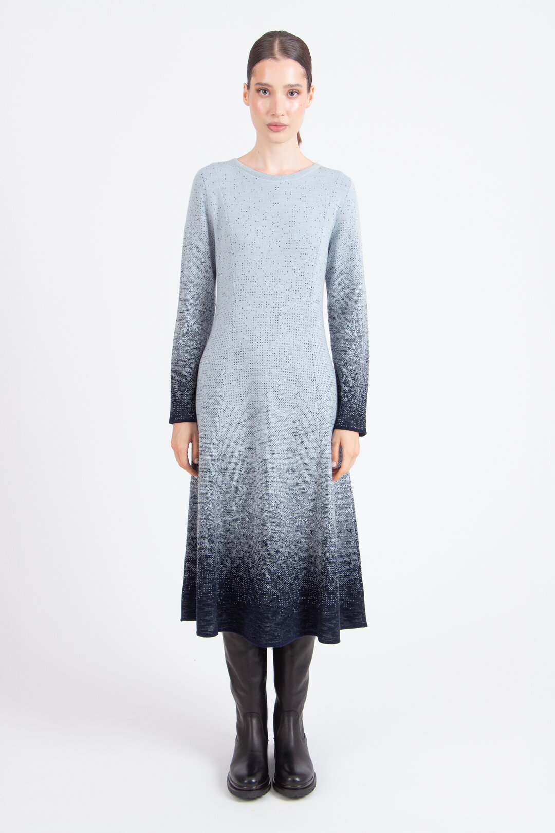 Langes Kleid mit U-Boot-Ausschnitt, Murmurationsmuster