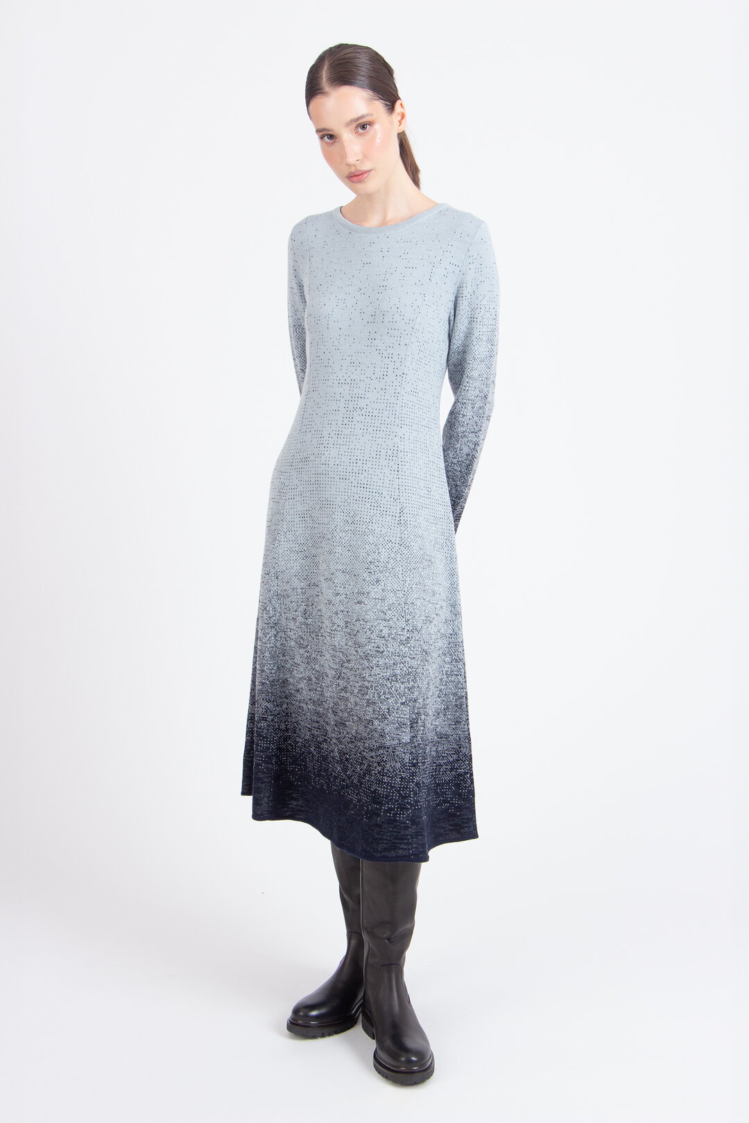 Langes Kleid mit U-Boot-Ausschnitt, Murmurationsmuster