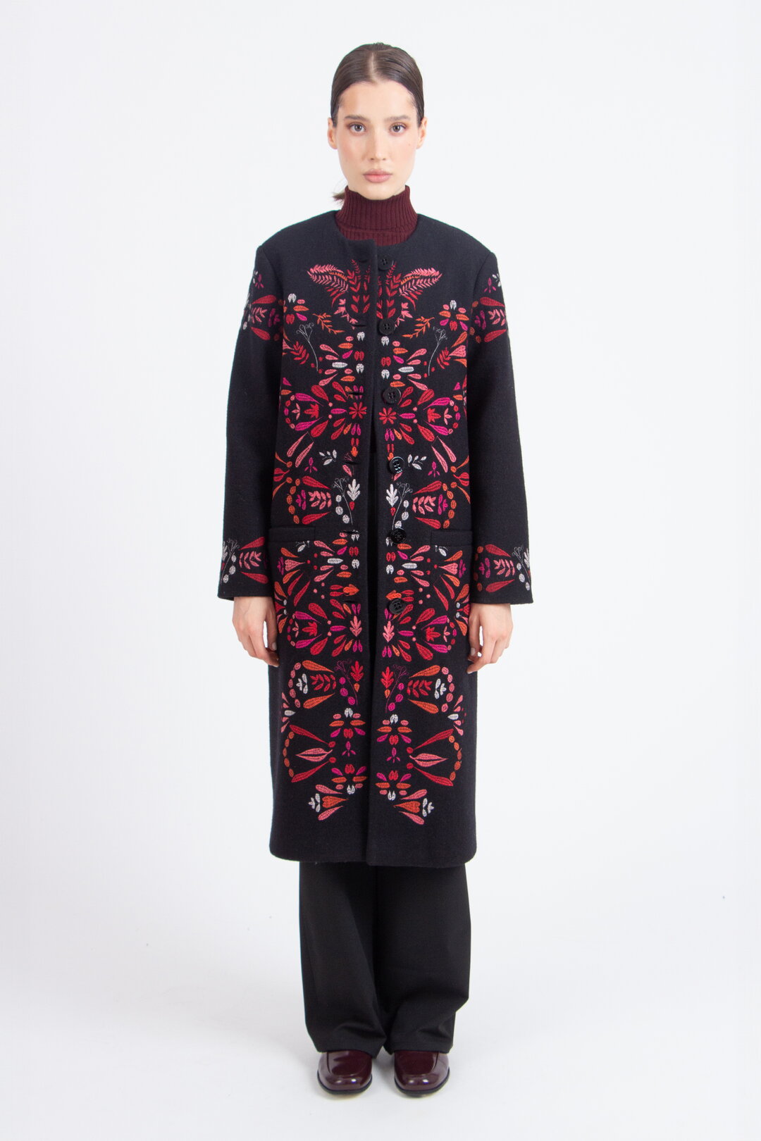Boiled Wool Coat with Embroidery