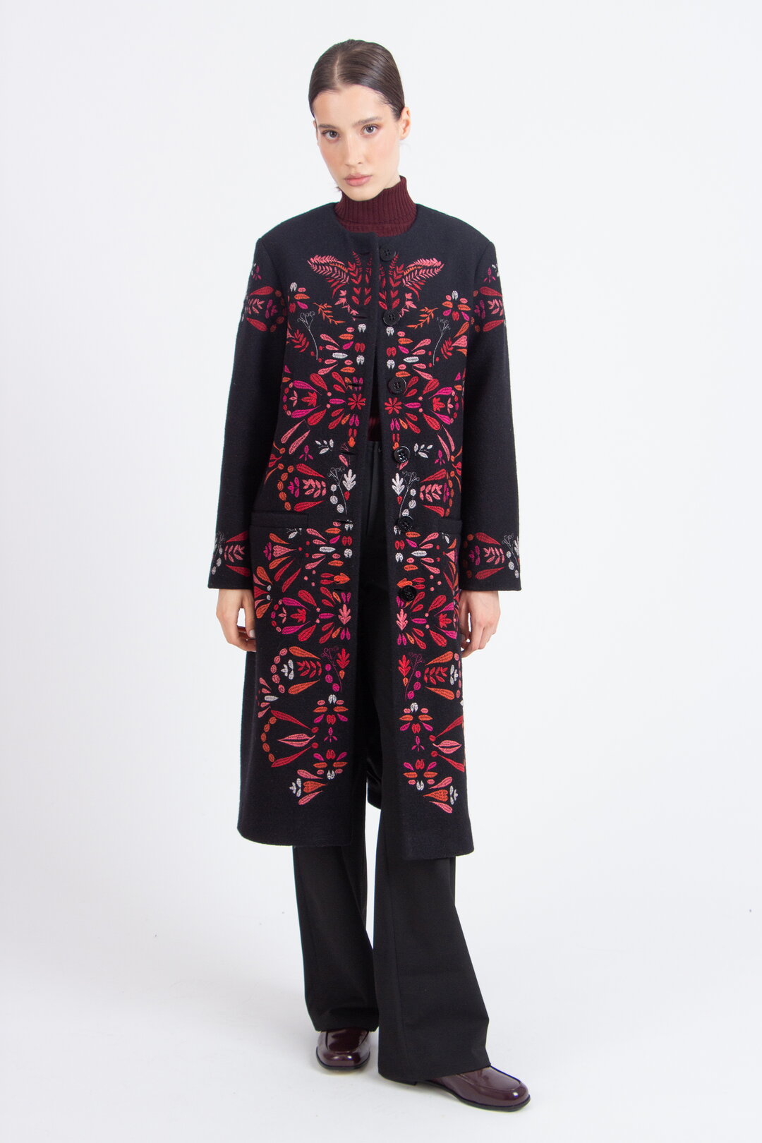 Boiled Wool Coat with Embroidery