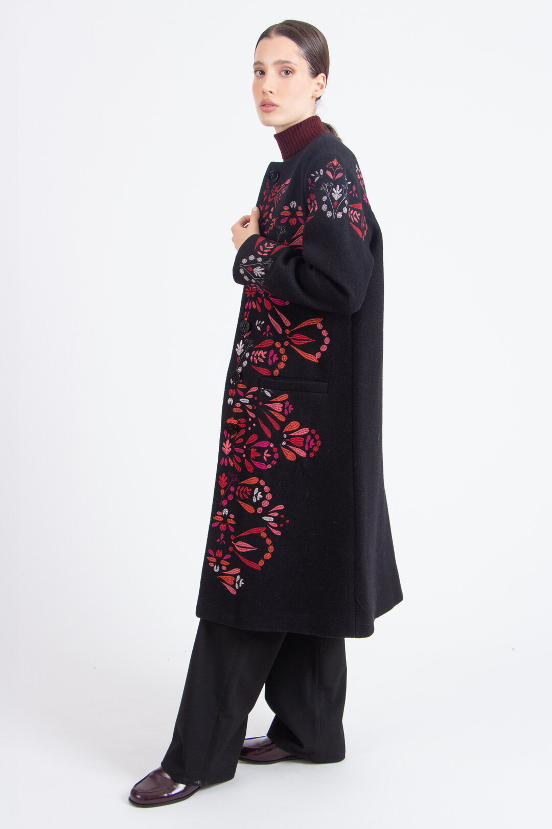 Boiled Wool Coat with Embroidery
