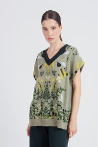 Ärmelloser Pullover mit V-Ausschnitt, Plantopia Muster