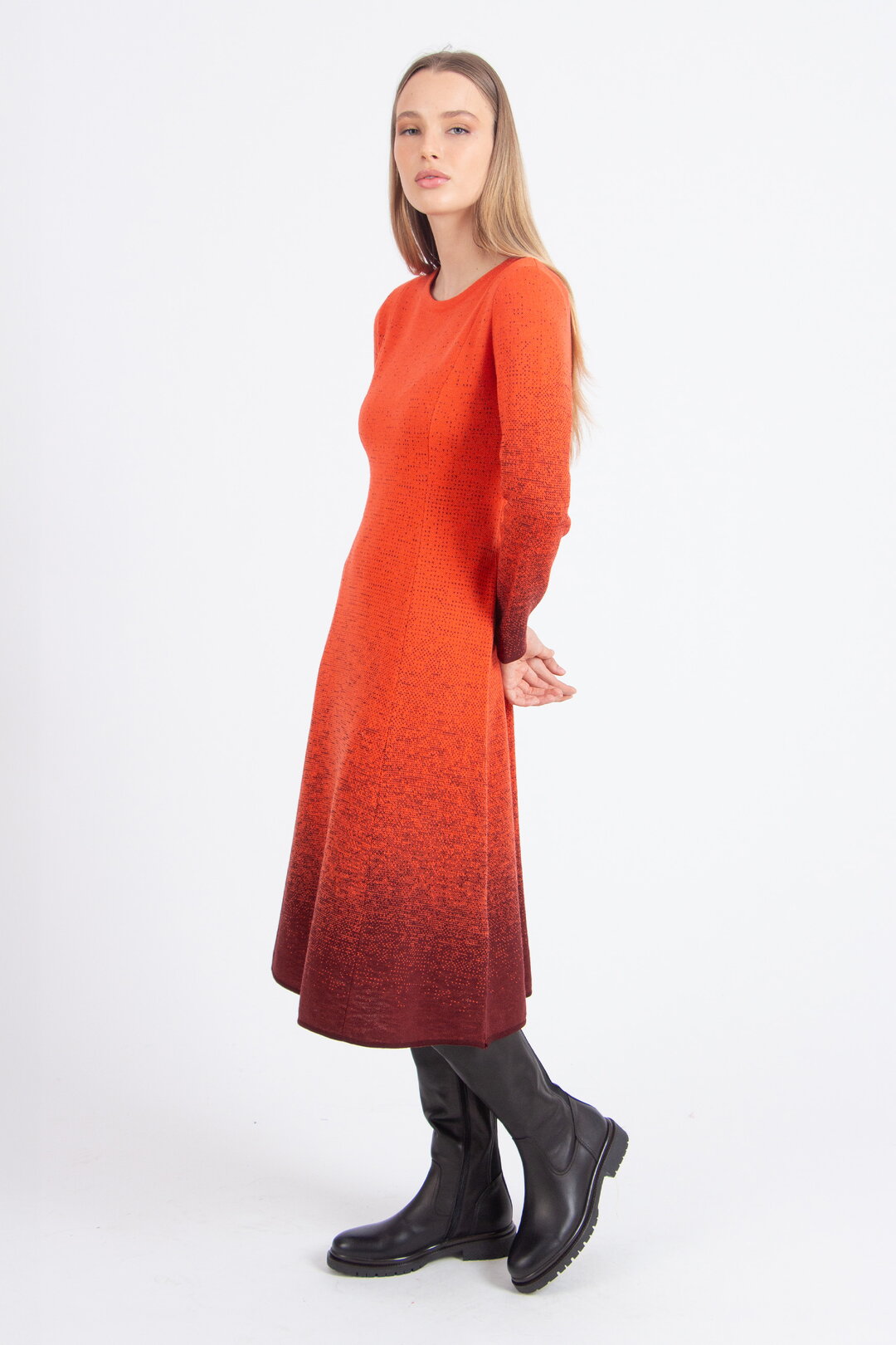 Langes Kleid mit U-Boot-Ausschnitt, Murmurationsmuster