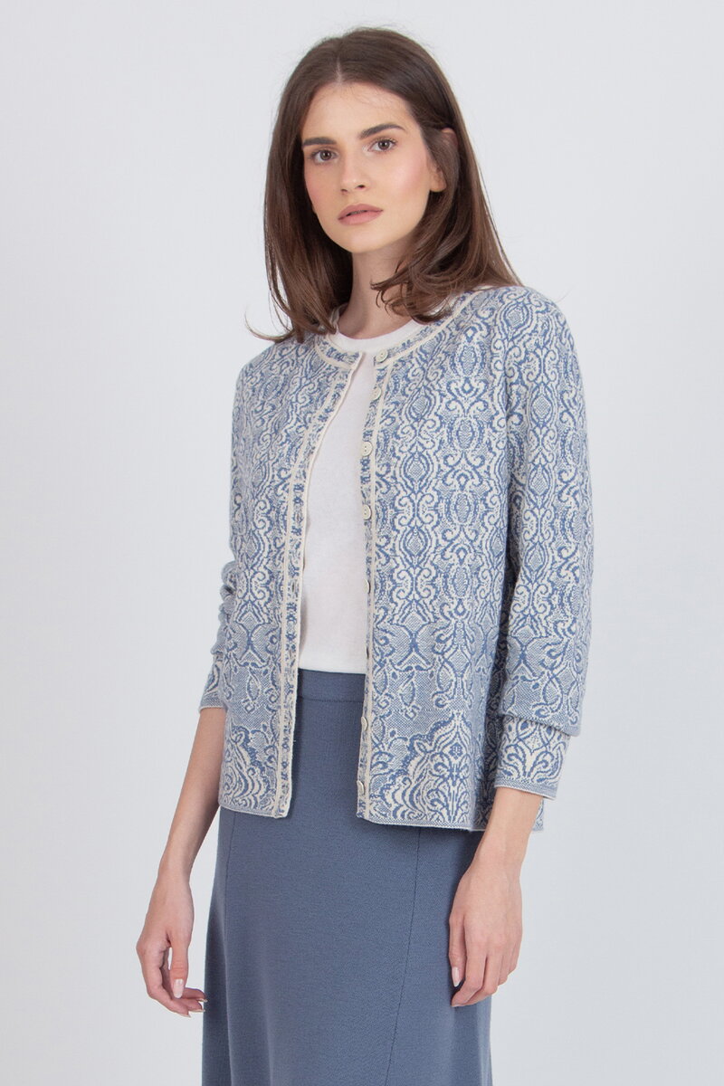Jacquard-Strickjacke mit O-Ausschnitt, Ornament Muster