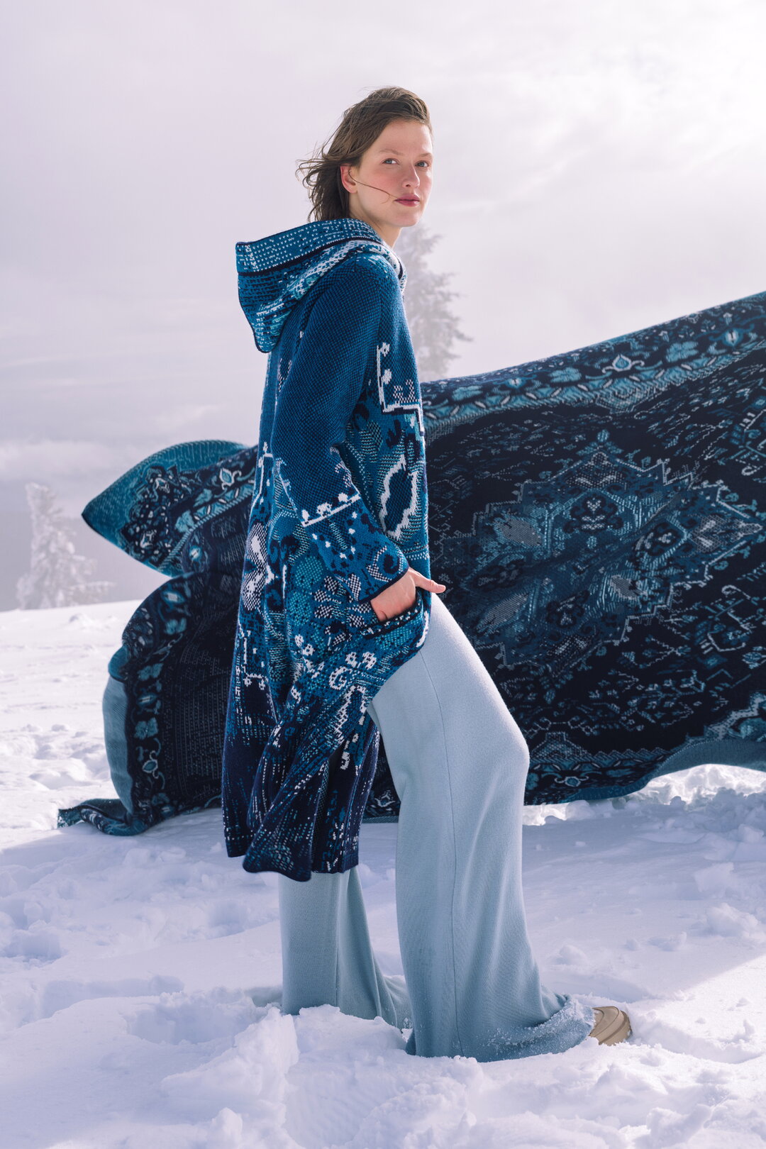 Jacquard Coat with Hoodie, Kilim Pattern