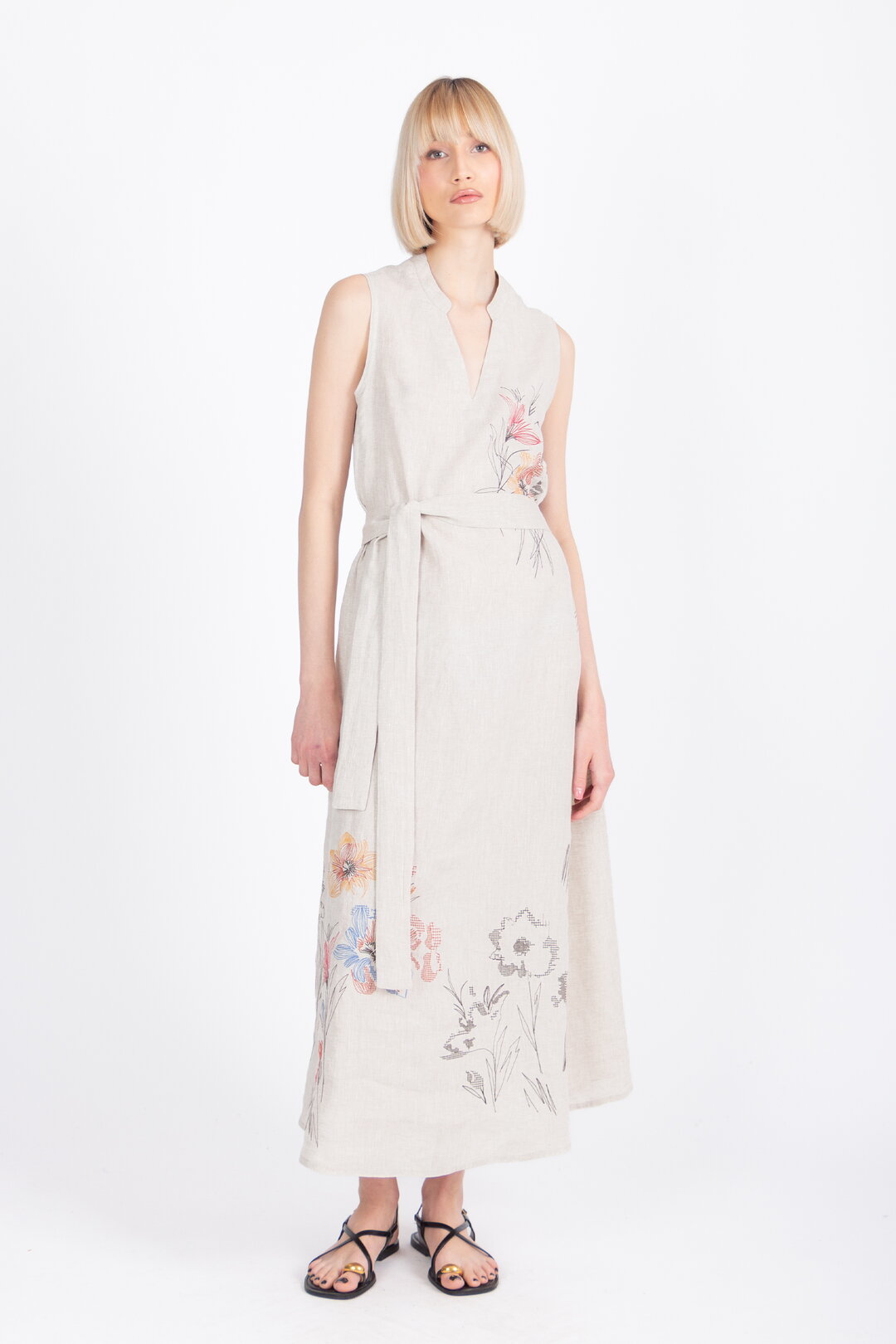 Linen Dress with Embroidery, Floral Pattern