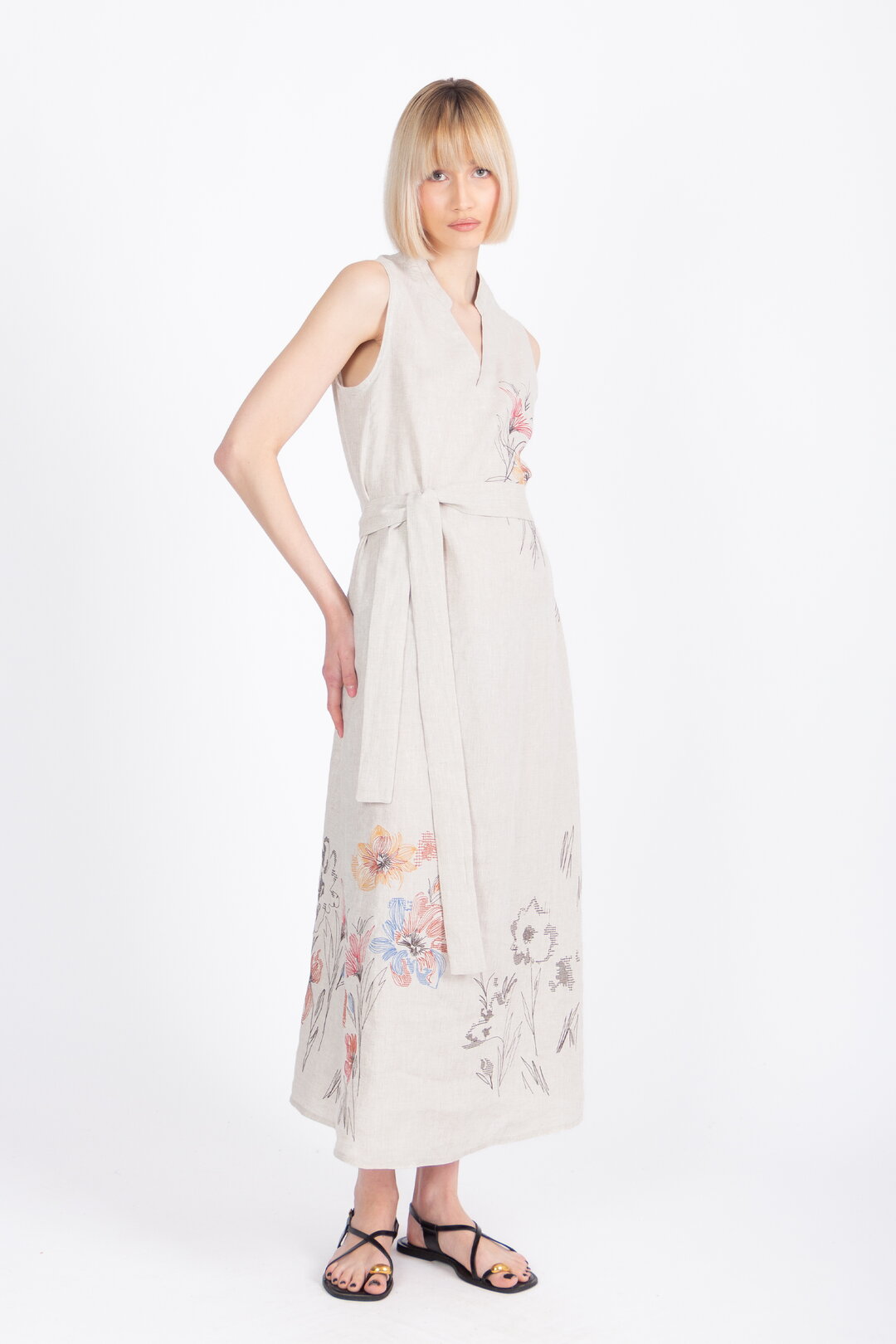 Linen Dress with Embroidery, Floral Pattern