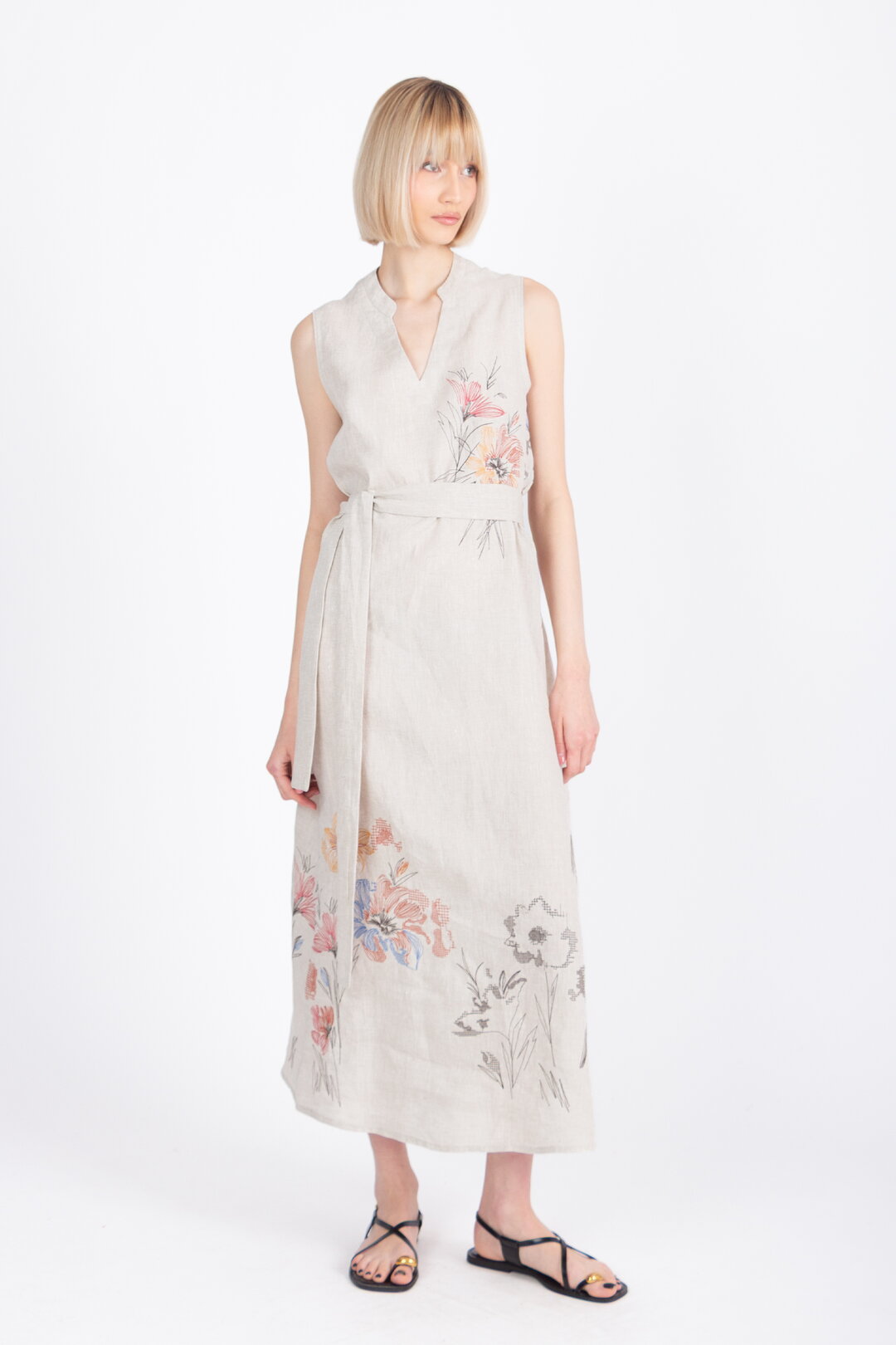 Linen Dress with Embroidery, Floral Pattern
